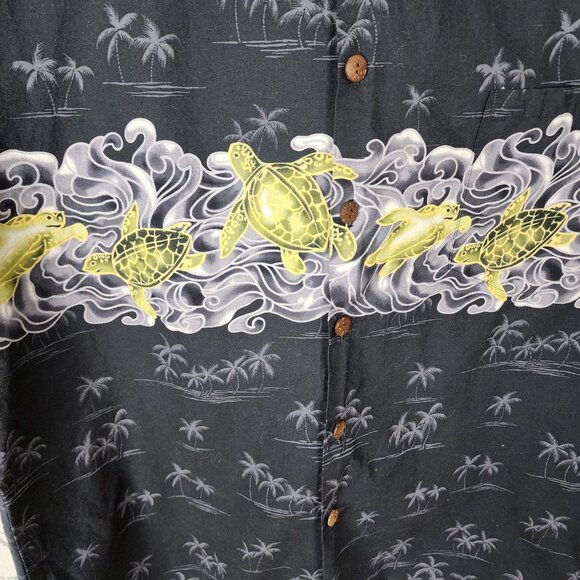 Hilo Hattie Black Palm Trees Turtles Print 100% Cotton Camp Shirt - Picture 2 of 7